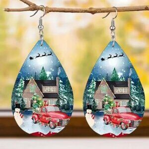 Christmas Scene Vintage Red Truck Dangle Earrings